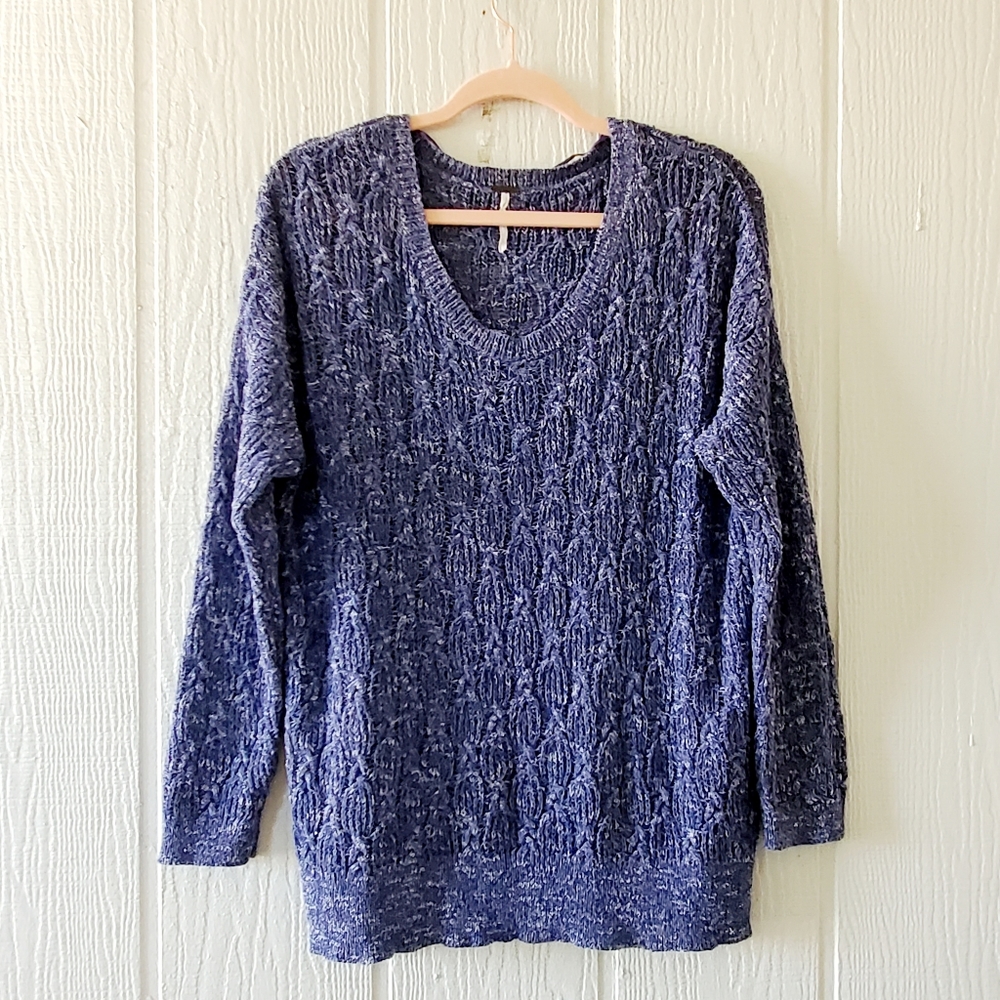 Free People V Neck Cable Knit Sweater Marled Purple Large